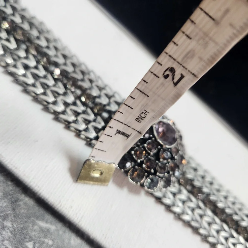 Vintage Silver Tone Chevron‎ Mesh Rhinestone Floral Medallion Statement Bracelet
